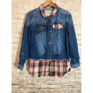 American Rag Cie Jean Jacket Womens Medium Flannel Trim Boho Denim Blue Hippie